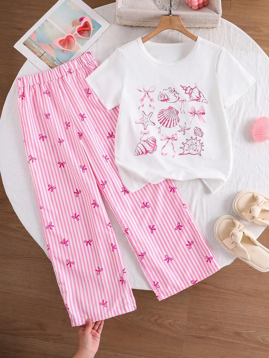 SHEIN Sparklyn 女童休闲可爱格子樱桃印花T恤和裤子套装 - 藍色 - 查看 1