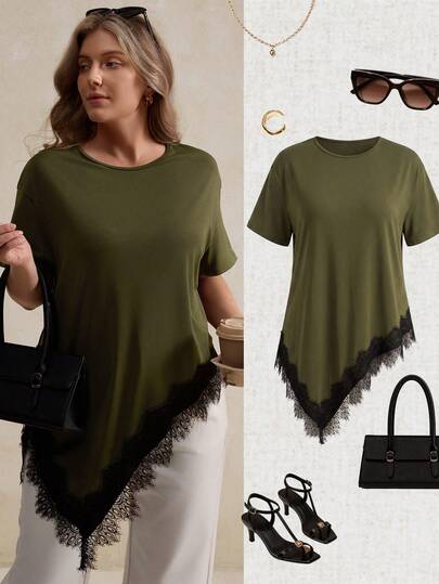 Elegantrix Olive Green Round Neck Asymmetric Hem Lace Patchwork Short Sleeve T-Shirt, Fashionable Casual Plus Size Top