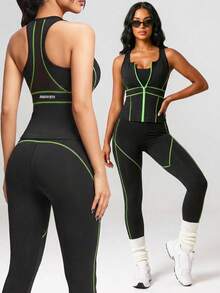 Innovista Women's Contrast Stitching Fitted Camisole And Leggings Tennis Outfit - Black - View 2