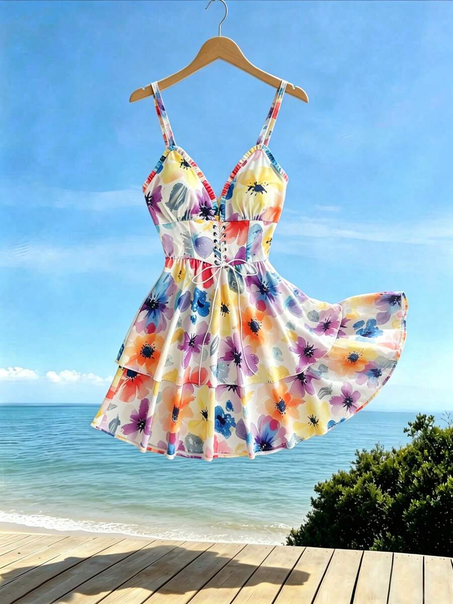 GlowEve 女士度假风水彩印花系带荷叶边连衣裙，浪漫婚礼、海滩音乐节夏季波西米亚风穿搭，女士夏季连衣裙，女士粉彩色连衣裙 - 彩色 - 查看 1