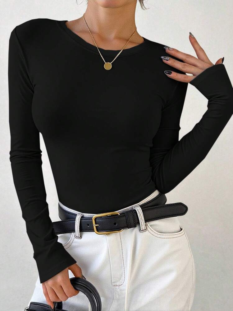Women's Solid Color Slim Fit T-Shirt, Suitable For Spring And Summer