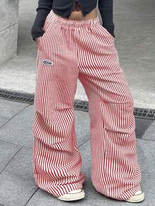 Coolane 夏季女款街頭風休閒基本款紅白條紋寬腿褲，休閒長褲，寬腿褲 - 紅色 - 查看 5