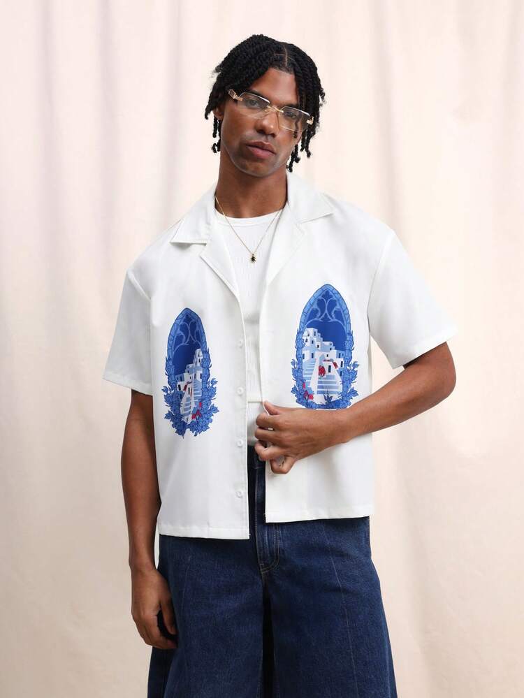 Men's Regular Fit Short Sleeve Graphic Tee With Scenic Mediterranean Print Design Button Down Shirt White Summer Casual Top