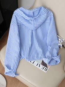 Resyla New Arrival Loose Fit Blue Striped Hooded Plus Size Sun Protection Shirt - Blue - View 2