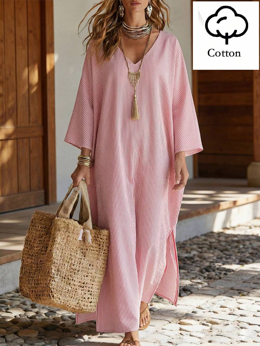 Wandoria Women's Elegant Pink And White Striped V-Neck Batwing Sleeve Loose Straight Slit Casual Dress,Summer Boho Holiday Vacation Holiday Outfit - Red - View 1