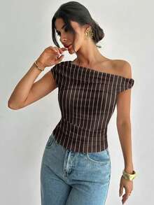 Firerie 女士紧身不对称褶皱短款上衣，复古棕色条纹印花，适合外出、街头穿搭、机场造型、时尚、通勤、旅行、约会、婚礼、派对、音乐节等场合。 - 彩色 - 查看 6