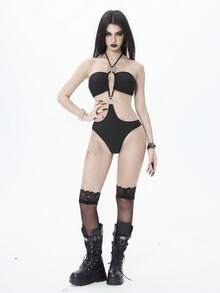 ROMWE Goth 女士黑色纯色露背吊带镂空大五角星金属装饰连体泳衣，哥特风格，2026春夏款 - 黑色 - 查看 6