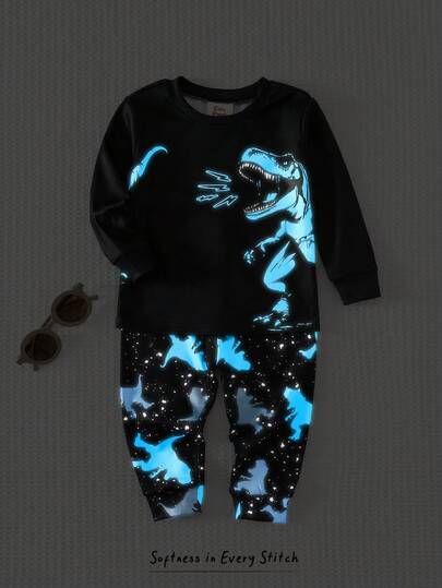 Cozy Pixies Baby Boy Cartoon Animal Print Glow-In-The-Dark Round Neck Long Sleeve Top And Elastic Waist Long Pants Snug Fit 2-Piece Pajama Set