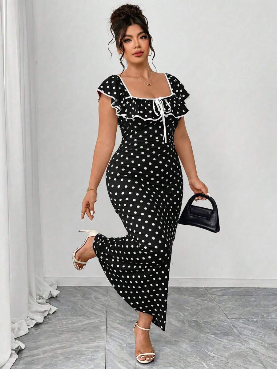 Elenzga Elegantes Maxikleid in Große Größen für Damen mit Polka Dots, Rüschenärmel, quadratischem Ausschnitt, bequem und dehnbar, geeignet für Partys, Nachmittagstee, Galas, Silvesterfeierlichkeiten, Pendeln, Meerjungfrauensaum, apricotfarbene Basis mit schwarzen Punkten - Schwarz und Weiss - Übersicht 1