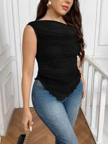 SHEIN Frenchy Resort-Style Music Festival Plus-Size Women's Black Asymmetrical Sleeveless Pleated Mesh Top, Romantic And Simple French Style. - Black - View 1