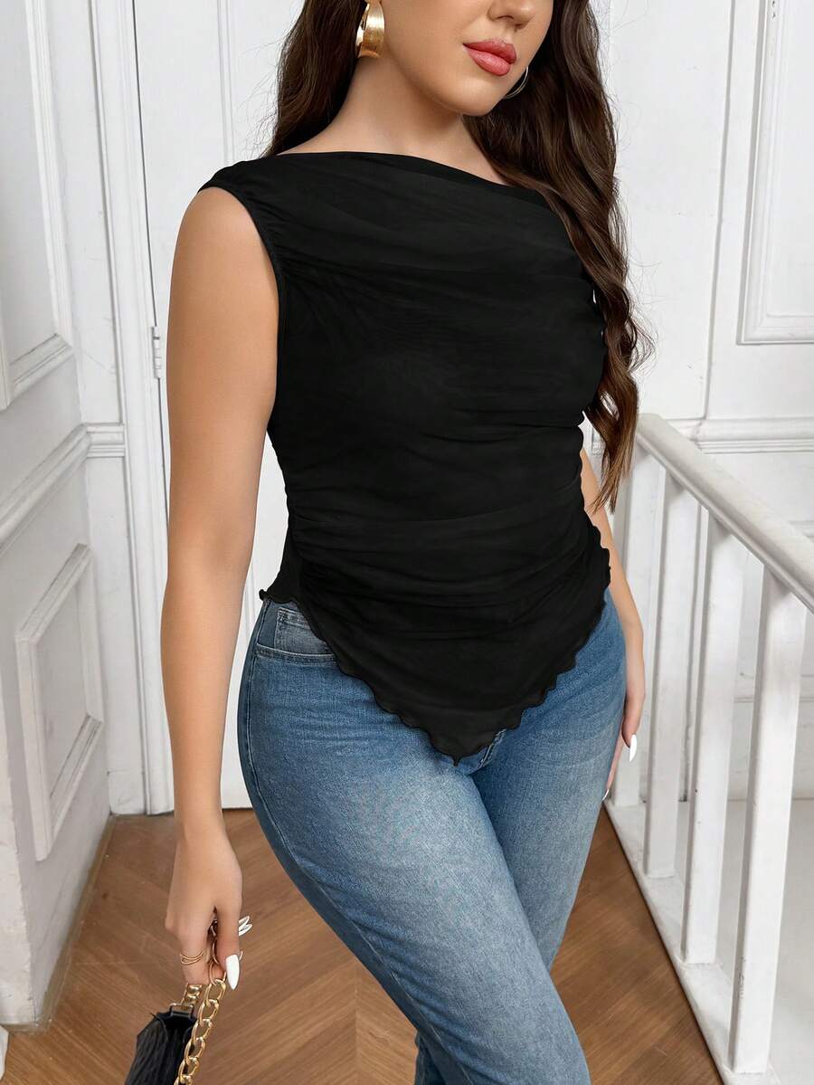 SHEIN Frenchy Resort-Style Music Festival Plus-Size Women's Black Asymmetrical Sleeveless Pleated Mesh Top, Romantic And Simple French Style. - Black - View 1