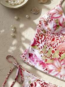SHEIN Swim Vcay 甜樱桃格子比基尼套装 花卉泳装 多色泳装 吊带泳装 波西米亚风泳装 女士泳装 - 彩色 - 查看 3