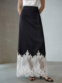 MOTF PREMIUM WOMEN'S SATIN CONTRAST LACE SKIRT - Black - View 4