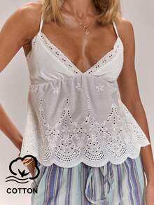 SHEIN BAE 女款白色夏季波西米亞度假亞麻刺繡花卉細肩帶上衣，優雅重工刺繡荷葉邊娃娃上衣，適合女性海灘穿著 - 白色 - 查看 6