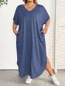 SHEIN CURVE+ 大码女装春夏新款时尚通勤休闲口袋设计分体睡袍 - 霧霾藍 - 查看 8
