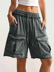 Bohemela Boho Casual Vacation Women's Solid Color Drawstring Waist Shorts Beach Grey Summer - Army Green - View 4