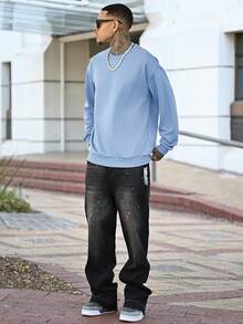 Devon Thys Men's Casual Solid Color Crew Neck Long Sleeve Pullover Sweatshirt, For Fall - Baby Blue - View 6