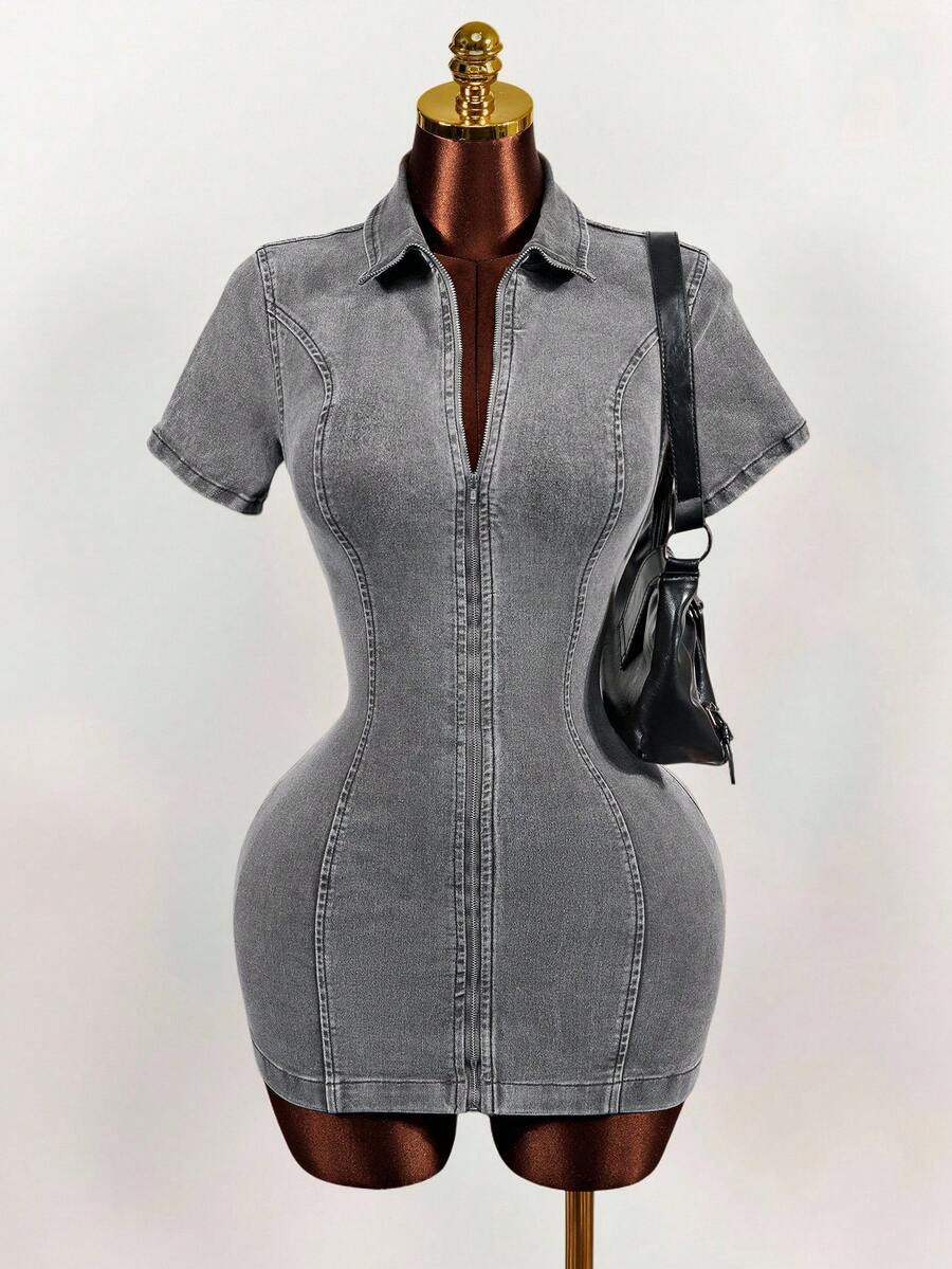 Mistrie Women's Denim Dress With High Slit - Light Grey - View 1