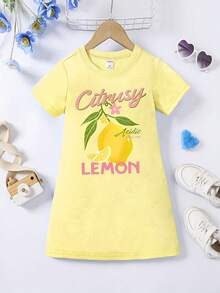 SHEIN Elladie kids 少女夏季休閒水果檸檬圖案字母印花短袖T恤洋裝，時尚創意個性化極簡舒適日常穿搭 - 黃色 - 查看 4