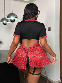 Spicy Aura 大码女式格子拼接前系带短袖性感服装 - 彩色 - 查看 3