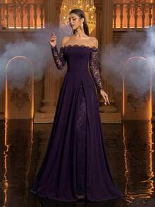 Glamrae Elegant Minimalist Structural Off-Shoulder Neckline Lash Lace Ruffle Semi-Sheer A-Line Dress With Double-Layer Split Hem, Formal Evening Gown, Lightweight Mesh Dress - Dark Purple - View 6