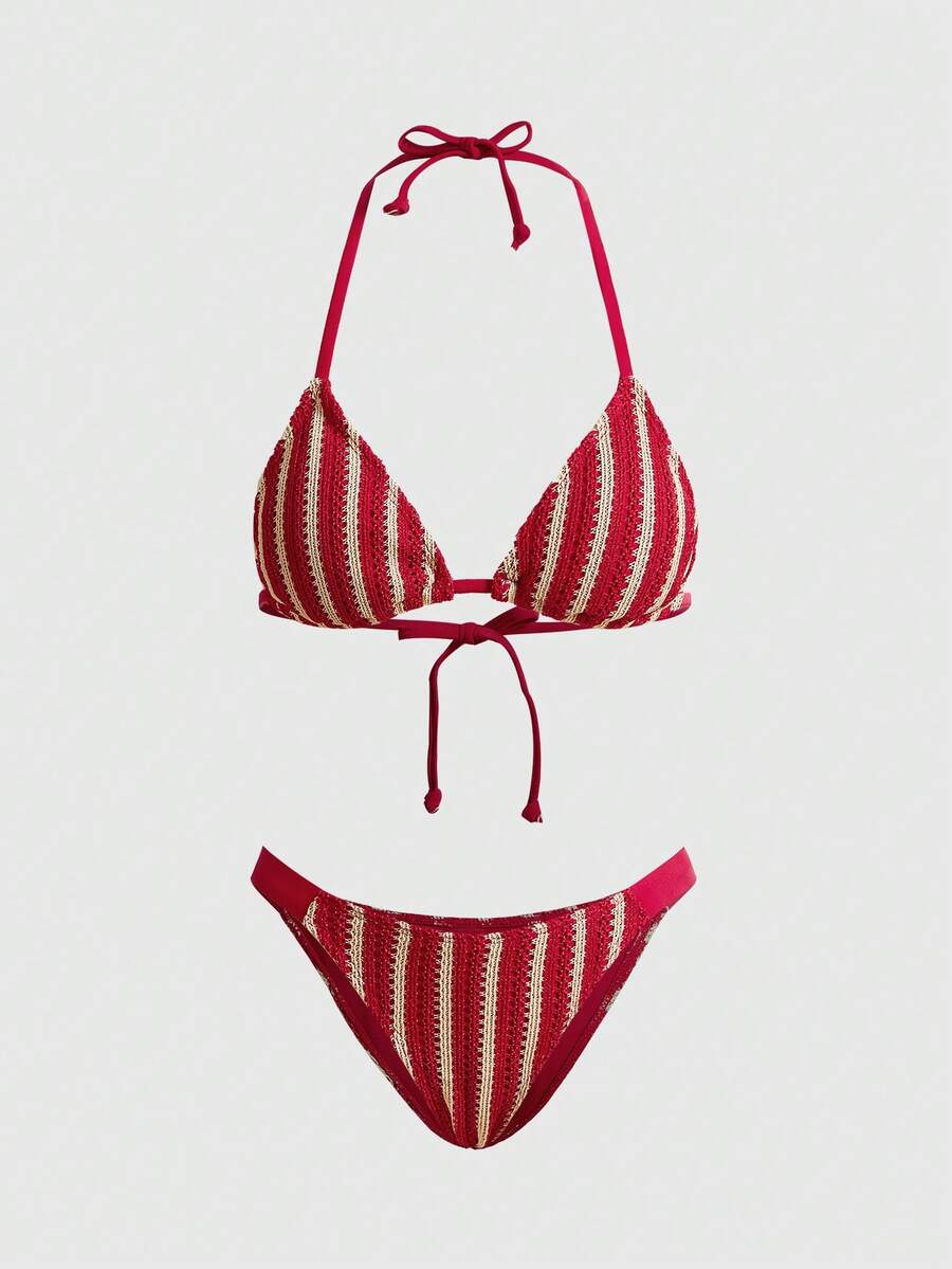 ROMWE Avant Bộ bikini dệt kim kẻ sọc gợi cảm 3 món - Áo tam giác + Quần cạp thấp + Quần ống rộng có thể điều chỉnh | Đồ bơi mùa hè phong cách retro đi biển - Đỏ - Xem 1