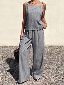 Livesso 女士条纹吊带背心和裤子休闲两件套 - 卡其色 - 查看 4