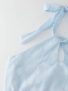 Cévolie Hollow Out Neck Cutout Woven Ruffle Hem Short Dress - Blue - View 3