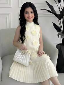 SHEIN Vestido sin mangas elegante y lujoso con tela con flores 3D para niña preadolescente - Albaricoque - Ver 1
