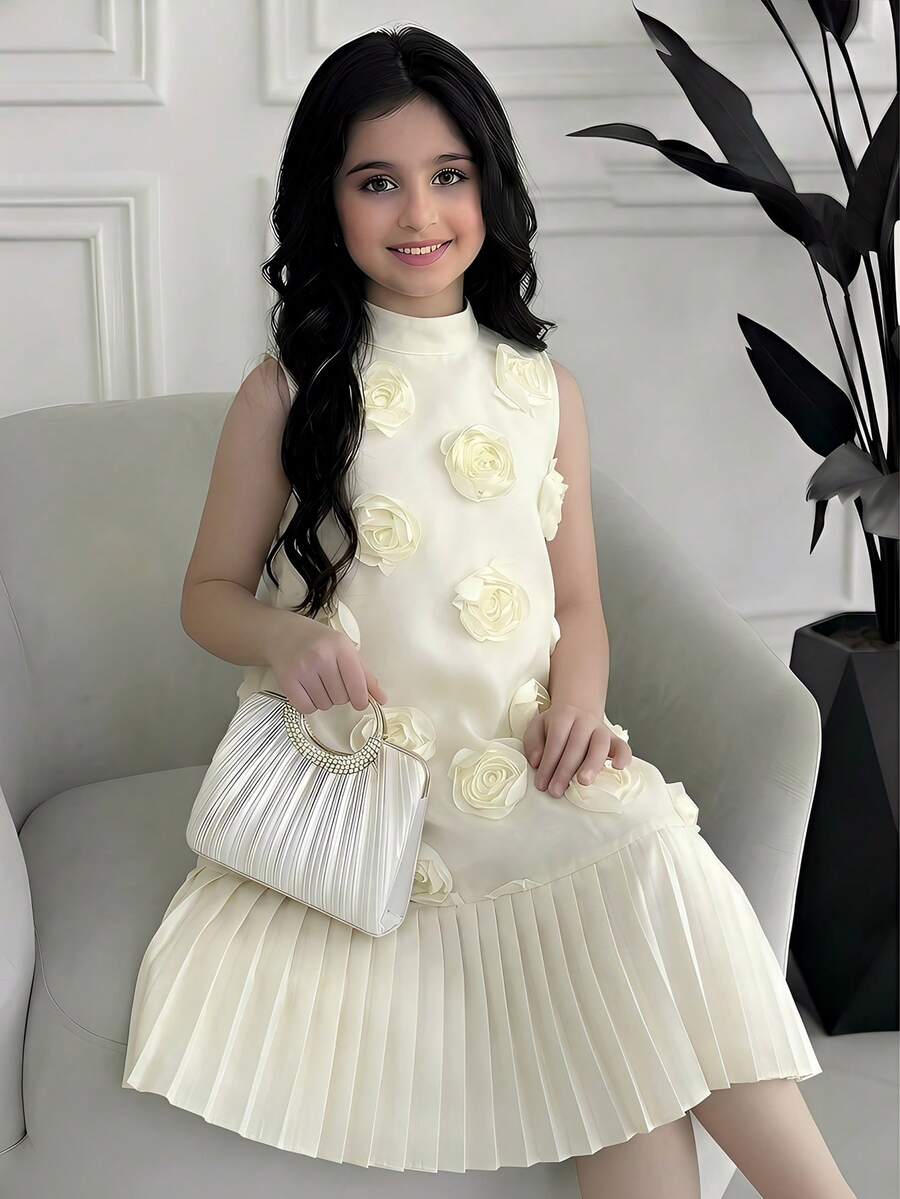 SHEIN Vestido sin mangas elegante y lujoso con tela con flores 3D para niña preadolescente - Albaricoque - Ver 1