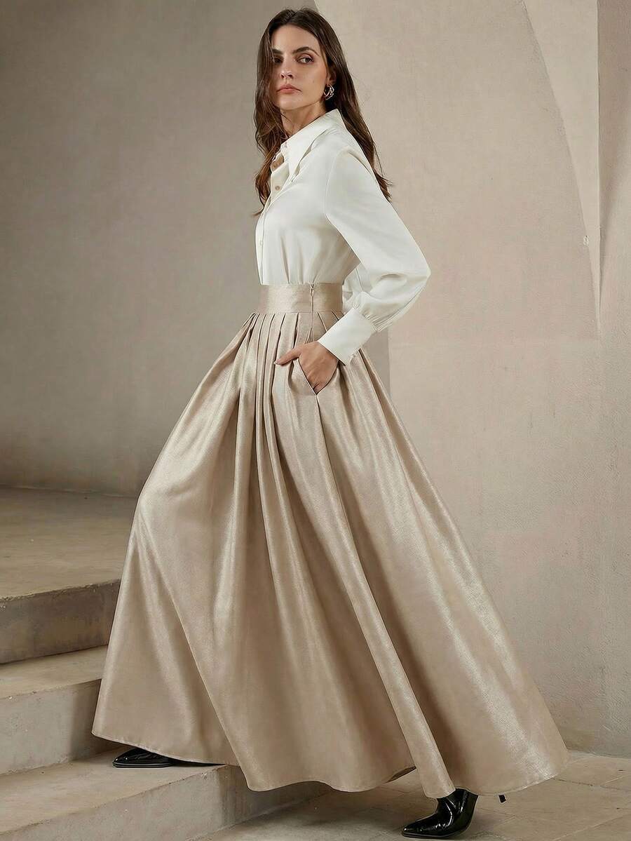 Anewsta Classic Elegant Vintage Holiday Party A-Line Skirt For Women - Champagne - View 1
