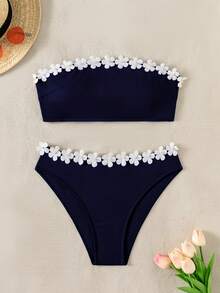 Women Swimwear Summer Beachwear Cute Floral Patched Bandeau Two Pieces Bathing Suit - Navy Blue - View 5