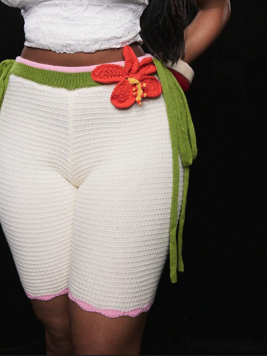 Coolane 女士性感时尚Y2K休闲波西米亚风度假装荷叶边针织花朵白色裆部裤子