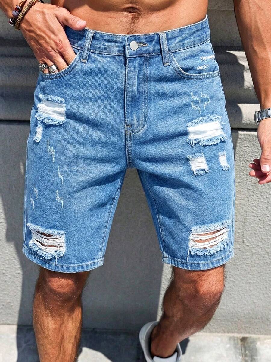 Manfinity Homme Pantalones cortos vaqueros azules rectos y rotos de estilo casual para hombre, moda callejera para primavera/verano - Azul lavado medio - Ver 1