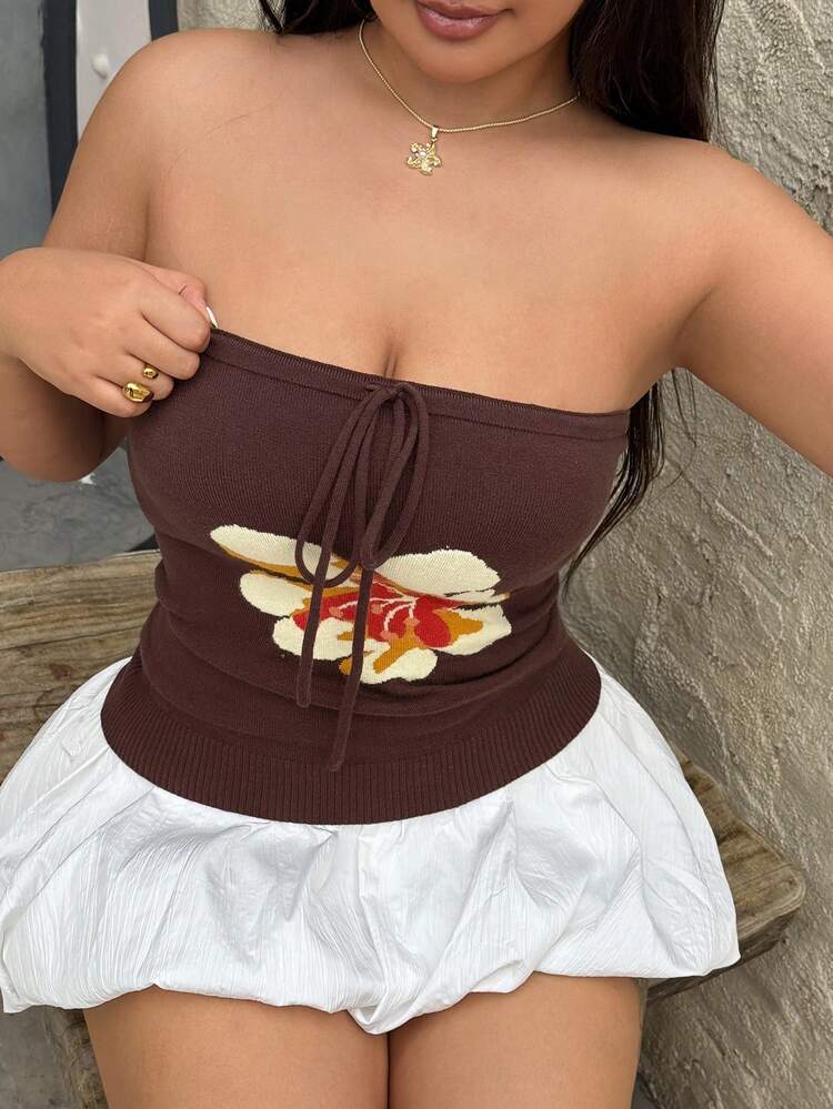 Dazy Plus Spring & Summer Fashion Brown Jacquard Tube Top, Sexy Crop Vest For Music Festival, Valentine's Day, Casual Beach Vacation, Fitted Waist Design For Women