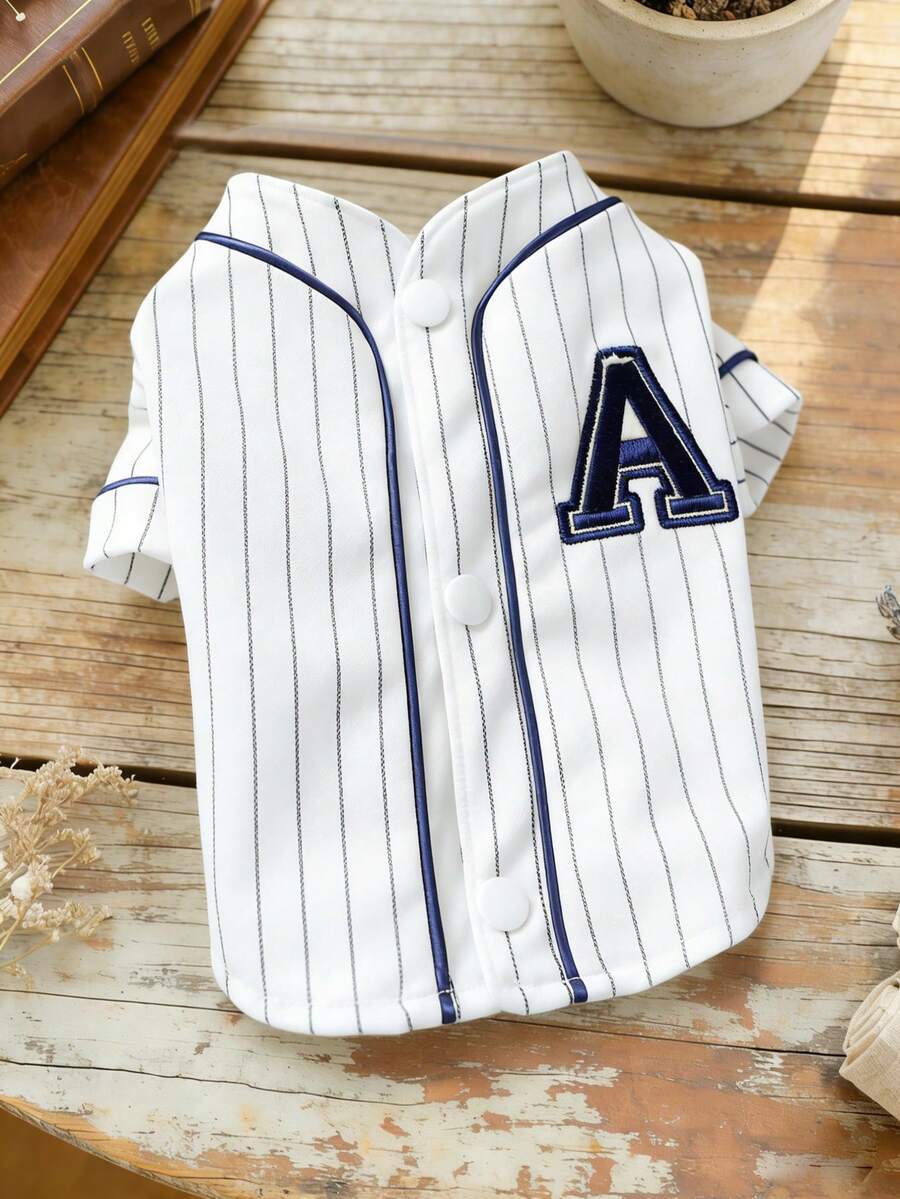 1件宠物条纹棒球衫，猫狗通用服装，自学字母A学院风小型犬休闲上衣 - 白色 - 查看 1