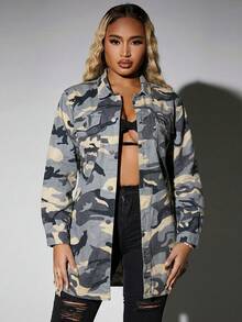 SHEIN SXY Áo khoác denim dài tay in họa tiết rằn ri dành cho nữ - Nhiều màu - Xem 3