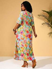 BrightlyHer Vestido casual de vacaciones con estampado floral y drapeado para mujer de talla grande - Verde - Ver 2