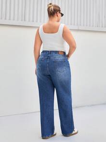 SHEIN Cottnline بنطلون جينز أزرق داكن بخصر عالي وقصة مستقيمة نحيفة مقاس كبير مع طية سفلية مناسب لليالي المواعدة والصيف والكاجوال والرسمي والخروج - أزرق داكن - مشاهدة 3