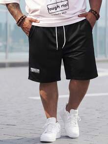 ResortEase Men Plus Size Summer Loose Fit Casual Shorts With Letter Print And Drawstring Waist - Black - View 3