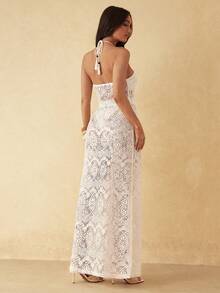 Silquee This Women's Summer Lace Long Camisole And Lace Trousers Set Features A Tassel Pendant And Sheer Design. Perfect For A Relaxed Beach Holiday Vacation Holiday, Its Elegant Boho And Understated Style Makes It An Ideal Choice For A Carefree Beach Trip. Outfit White - White - View 2