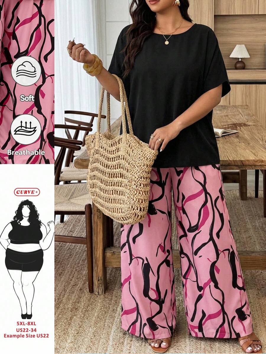 SHEIN CURVE+ Curve 尺码 US22 音乐节、海滨度假、波西米亚风两件套女士度假宽松衬衫和碎花长裤套装 夏季套装 - 彩色 - 查看 1