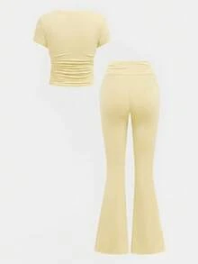 SHEIN Girlism Tween Girls' Casual Fitted Yellow Ruched Crew Neck Top And Ruched Flare Pants Set - Yellow - View 2