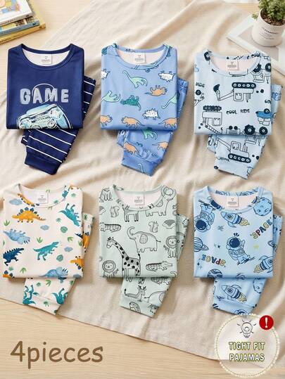 SHEIN [Set de 6 piezas, 2 piezas enviadas al azar] Pijamas para niños pequeños, nueva llegada de primavera/verano, elementos de moda de caliente como dinosaurios, tiburones, autos, helicópteros, estampados de transporte, conjunto de pijama de tela elástica de ajuste ceñido de manga corta y pantalón, 2 piezas de top de pijama + 2 piezas de Bottom de pijama (enviadas al azar)
