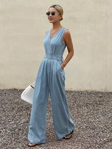 Livesso Cotton Sleeveless V-Neck Casual Jumpsuit For Women, Suitable For Spring And Summer - Light Wash - View 4