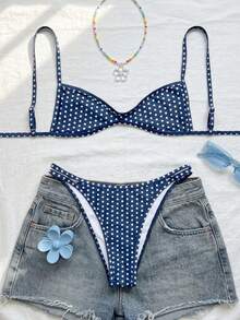 Swim Vcay 女士夏季新款性感抹胸系带上衣和低腰波点印花比基尼套装 - 藏蓝色 - 查看 3
