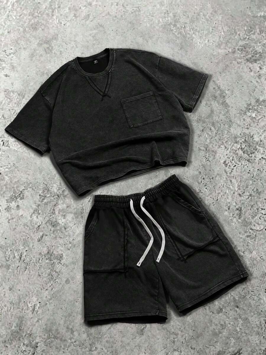 PAVTROS Áo thun nam có túi phía trước và quần short cạp chun. - màu đen - Xem 1