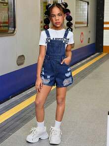 SHEIN 少女夏季沙滩波西米亚风浅色水洗斜插口袋牛仔背带连体裤（不含T恤），少女夏季休闲音乐会锐舞派对服装毕业典礼服装，日常穿着 - 深色水洗藍 - 查看 3