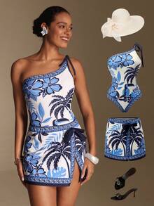 Swim Oasis Bộ đồ bơi liền thân kèm váy in họa tiết hoa và chim nhiệt đới dành cho nữ, kiểu cổ yếm, thích hợp cho kỳ nghỉ biển. - Xanh và trắng - Xem 19