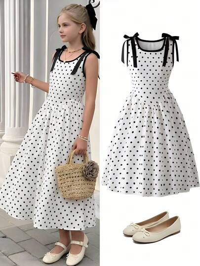 SHEIN Elegant Commuter Ladylike Princess Black & White Polka Dot Allover Print Low Waist Bow Decor Short Dress For Tween GirlsSummer